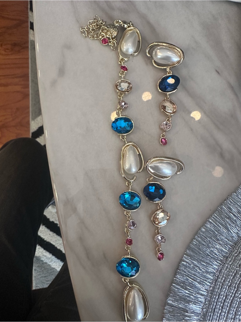 Costume Gold-Tone Statement Necklace with Blue Crystal & Pearl Accents